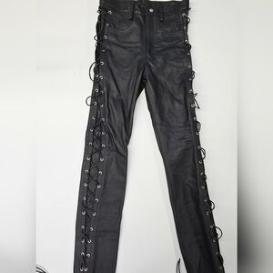 Unisex Black Genuine Leather Motorcycle Pants Lace Up Legs 30x33 5 pocket Biker
